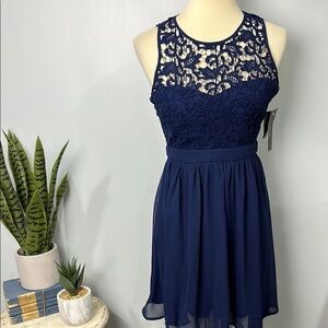 Lulus Romantic Tale Navy Blue Lace Skater Dress NWT Size Small